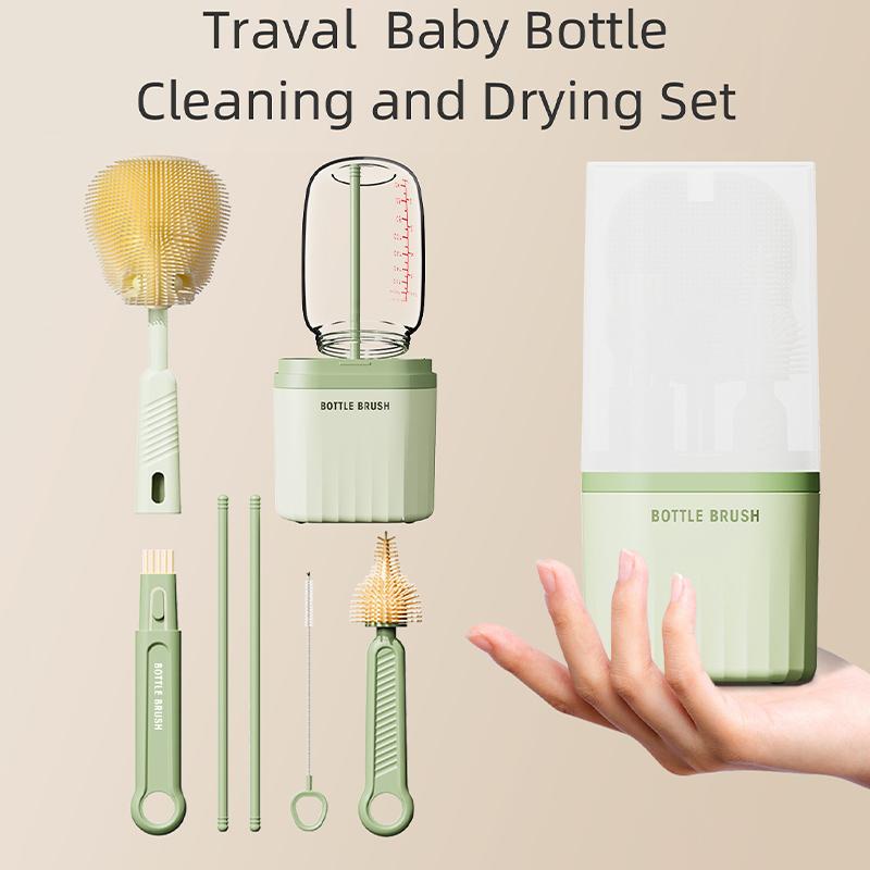 6 In 1 Portable Travel Baby Bottle Cleaning Brush Set With Silicone Bottle Brush Straw Brush Nipple Brush Bottle Drying Rack