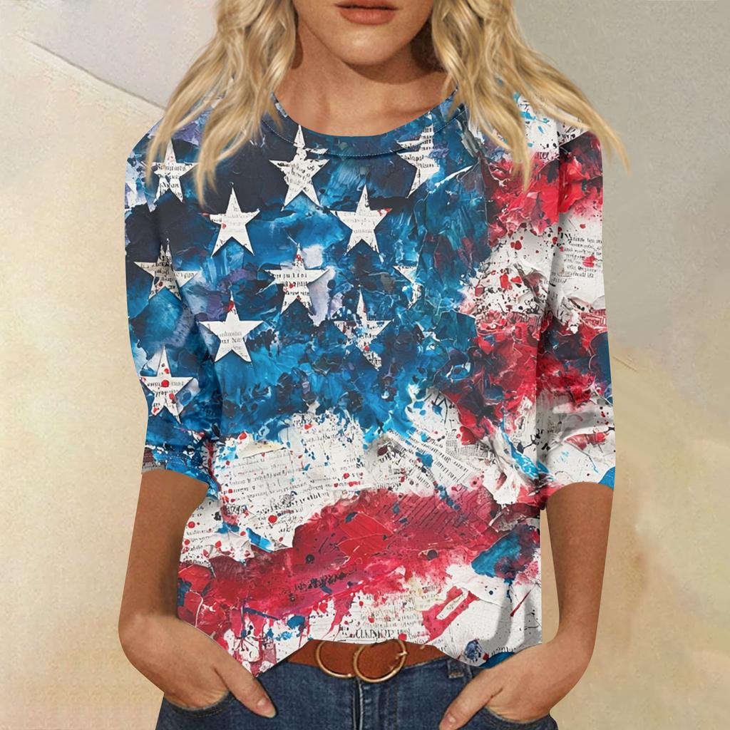 Women's Fashion Casual Seven-Sleeve Independence Day Print Round Neck Top
