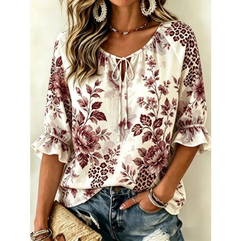 Women's Elegant Printed Lace-up Flared Top, Stylish and Versatile, Comfortable and Skin-friendly
