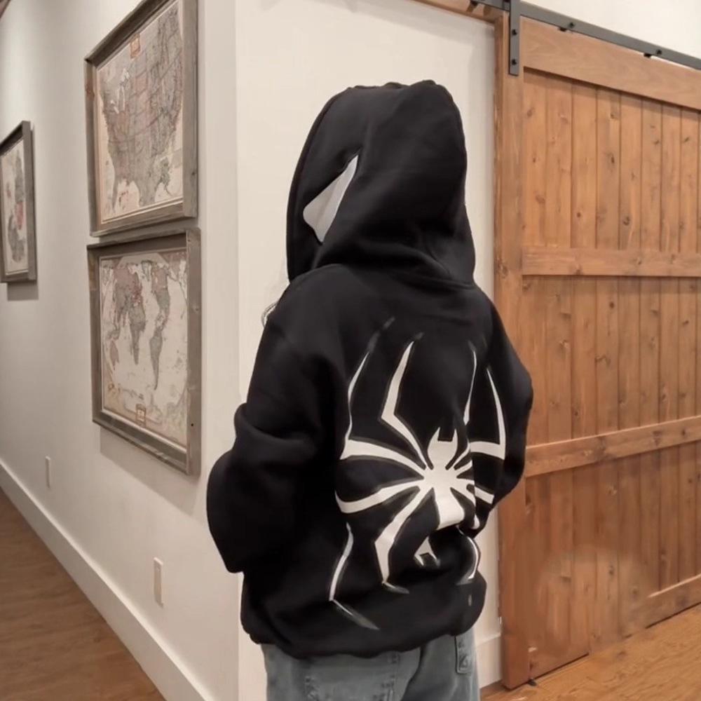 2023 Unisex Gothic Spider Print Zipper Hoodie - European & American Dark Sportswear, Harajuku Plus Size Couples Sweatshirt