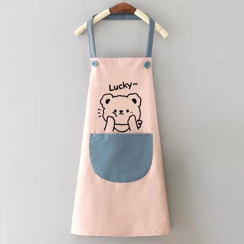 

Cute Bear Pattern Kitchen Apron Waterproof Cook Wear Smock Couples Apron Catering Service pink-without hand towel