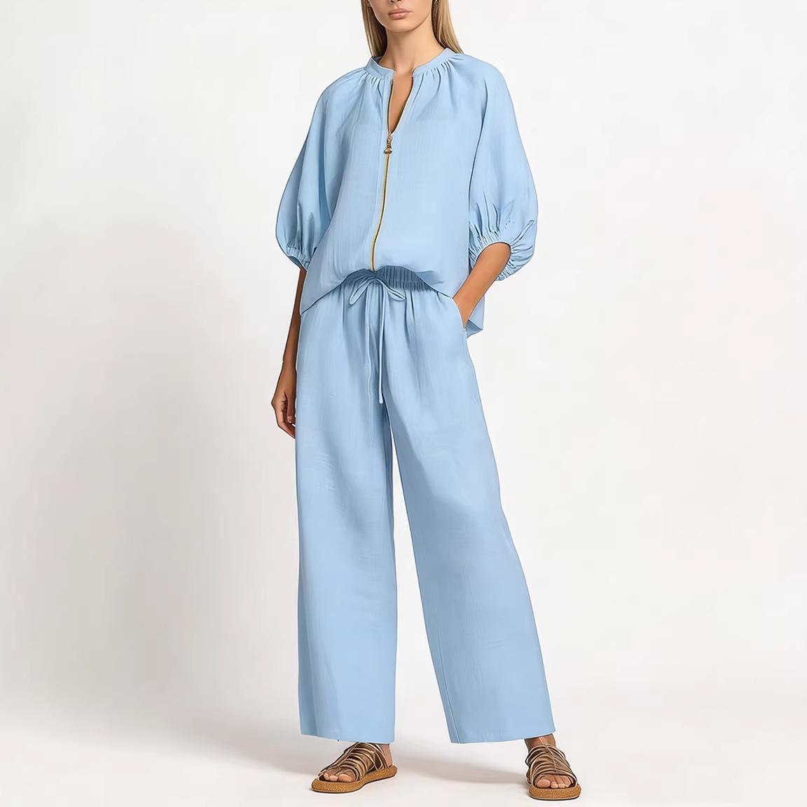 

Spring 2026 Casual Women s Loose Fit Zipper Round Neck Wide Leg Pants Set - Solid Color 5XL небо синє кольору