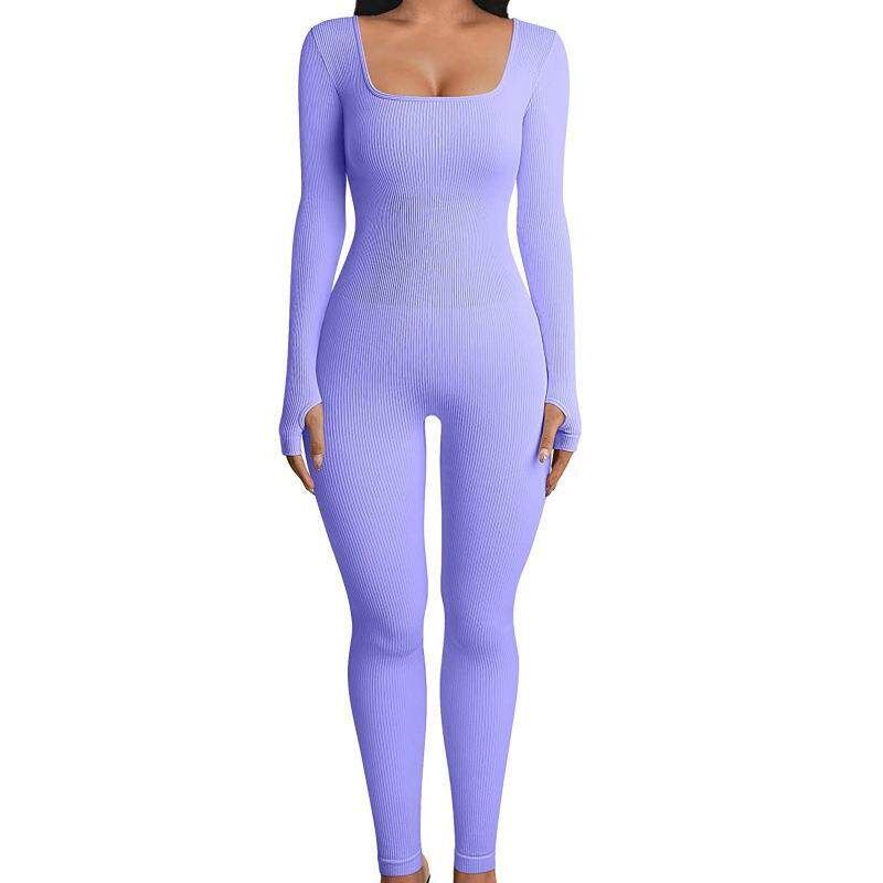 Amazon European and American Foreign Trade Women's Clothing Jumpsuit Autumn and Winter New Ribbed Square Neck Butt-Lifting Slim Sexy Jumpsuit