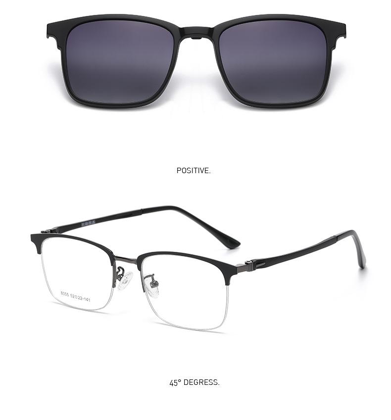 Magnetic Clip-On Sunglasses for Men - Polarized Dual-Use Myopia Half-Rim Frames for Indoor-Outdoor Driving