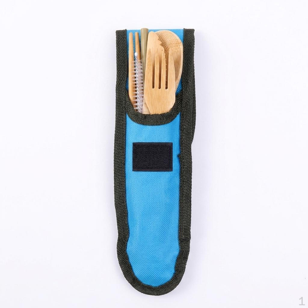 Reusable Travel Flatware Fiber Utensils with Case, Portable Eating for Travel, Spoon & Blue with Green Trim