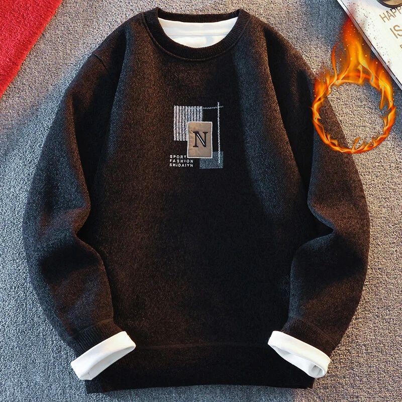 

Мужской повседневный свитер, толстовки из плотного флиса, вязаная одежда, вязаные пуловеры с круглым вырезом, модные толстовки L чёрный