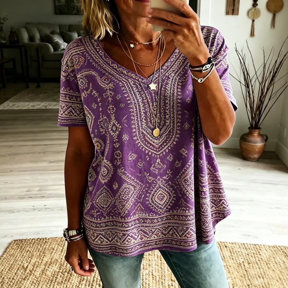 Women Boho Paisley Print Blouse V‑Neck Short Sleeve Ethnic Retro Loose Plus Size Casual Summer Tunic Top