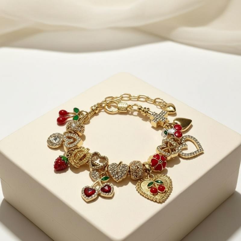 Y2K Forgyldt Charms Armbånd Med Glitrende Rhinsten Kirsebær Hjerte Vedhæng Trendy Luksus Perle Smykker Til Kvinder Gaver