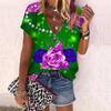 Women's Top Summer New Fashion Rose Flower Gorgeous Flowers Printed Casual Zipper V-neck Short Sleeve Top