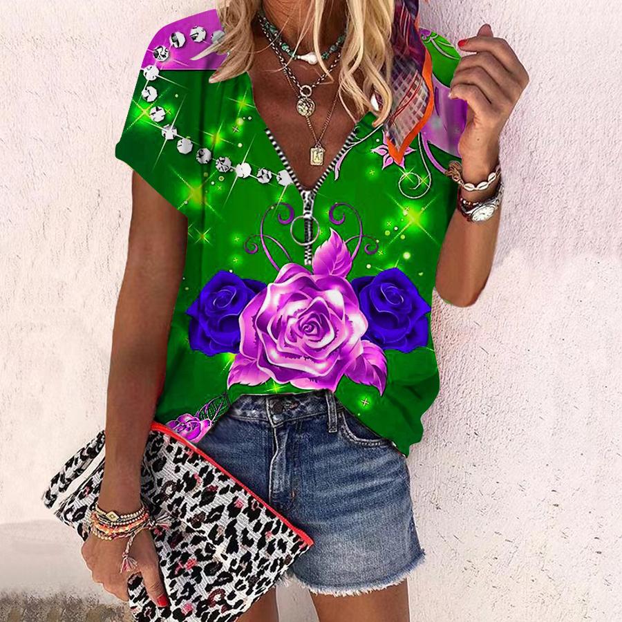Women's Top Summer New Fashion Rose Flower Gorgeous Flowers Printed Casual Zipper V-neck Short Sleeve Top