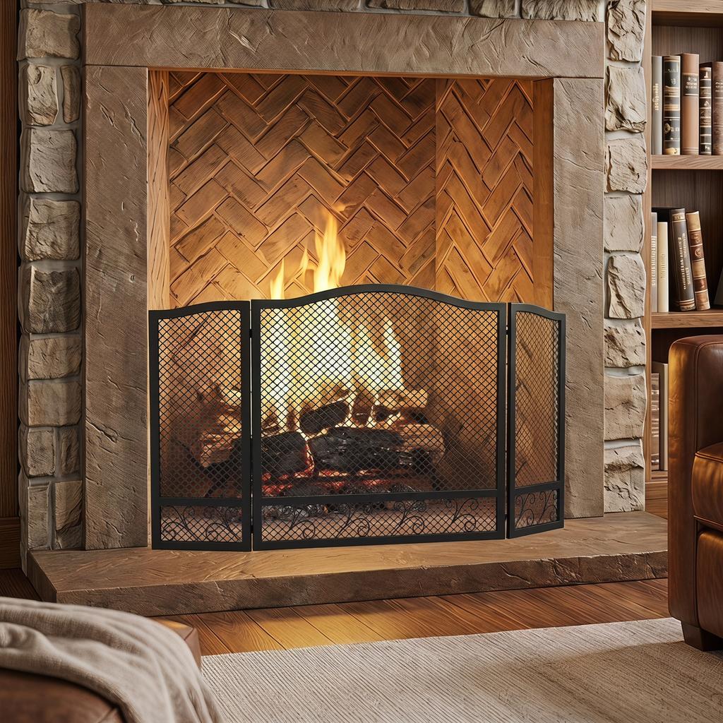 Folding Fireplace Screen, 3 Panels, 107 x 60 cm, Black Metal
