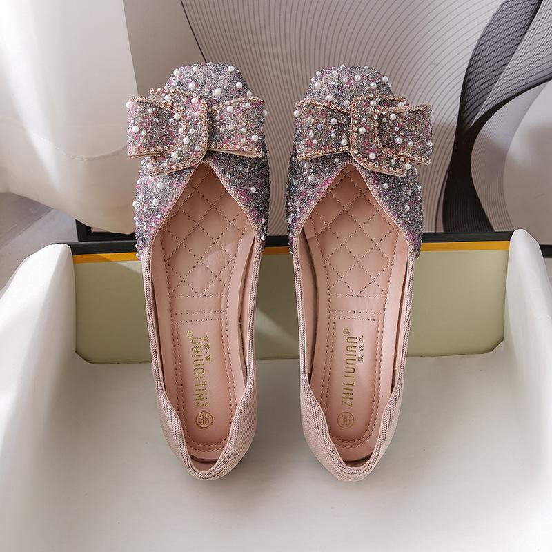 New bow single shoes women's flat bottom square head shallow mouth soft sole Doudou shoes large size one