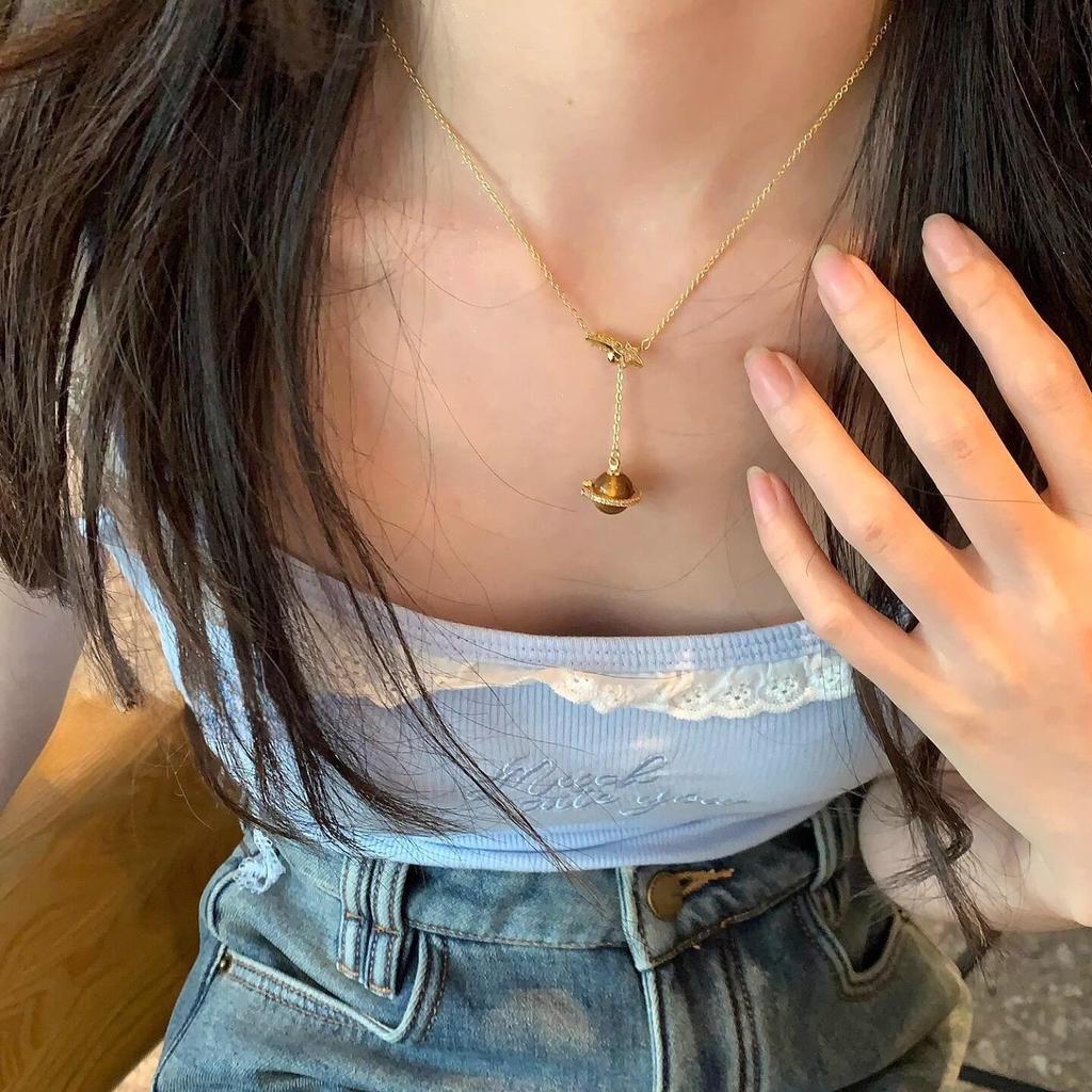 Collana Saturno Occhio di Tigre Zircone - Catena per Maglione Raffinata di Lusso Leggero.