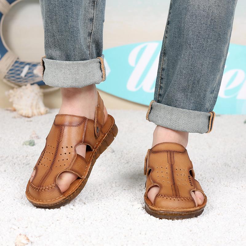 Summer new men's first-layer cowhide bag head sandals outdoor casual leather beach shoes men's breathable platform slippers