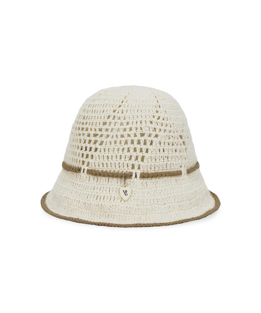Bajal Heart Chain Crochet Ribbon Bucket Hat Beige