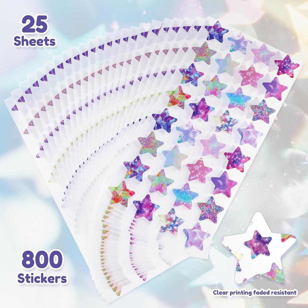 Zonon 1.6" Large 800 Pcs Star Stickers Bulk for Reward (16 Designs) Glitter Star Stickers Colored Shiny Labels for Behavior Chart Student Planner