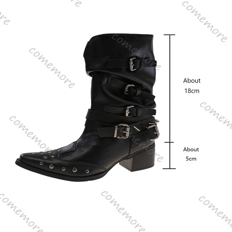 Mote Comemore Plisserte Western Korte Støvletter Dame Nye Spiss Tå V-Munn Middels Hæl Trend Punk Gotisk Svarte Punk Nitter Ridder Botas