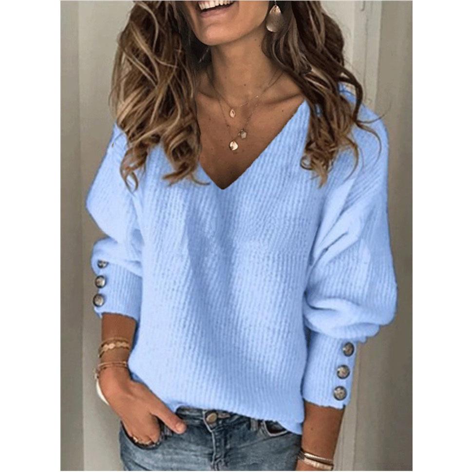 Women's Casual Sweater Pullover Autumn And Winter Loose Solid Color V-neck Knitted Sweater Tops
