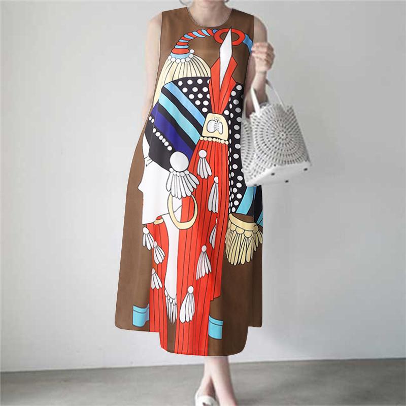 ZANZEA Vestido de playa informal sin mangas con cuello redondo y estampado de verano para mujer