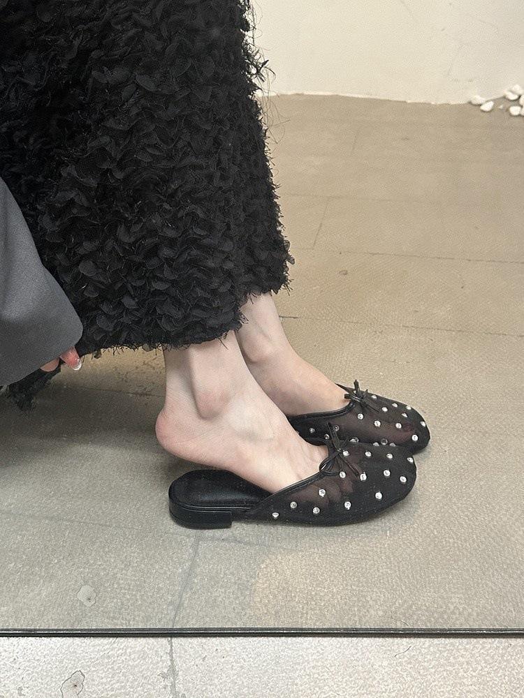 Temperament Flat bottom gentle half slippers Women's outer wear bow ballet bag head cool slippers