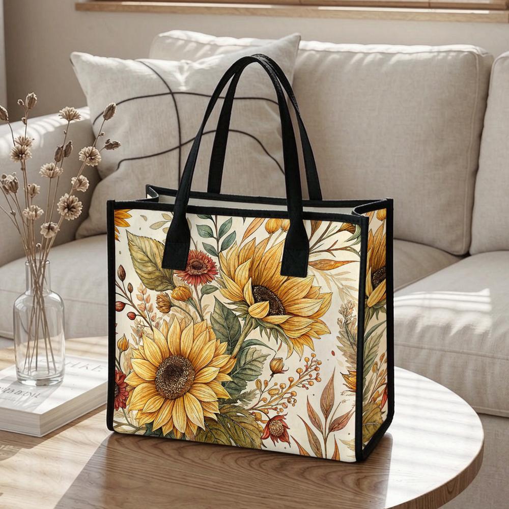 Sunflower Print Tote Bag Casual Daily Handbag Lightweight Reusable Shopping Shoulder Bag for Women Outdoor Use