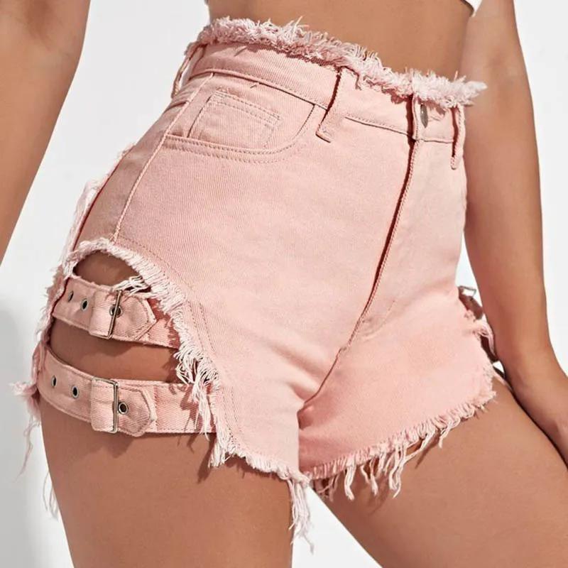 Summer Women Denim Shorts with Frayed Hem Buckle Straps Y2K Fashion Trendy Cut Out Jeans Shorts