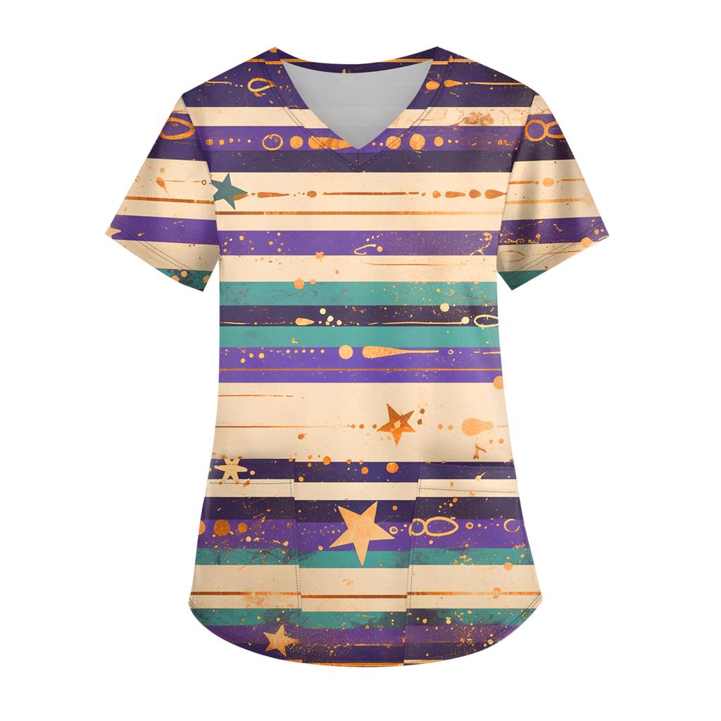 Ladies' Carnival Printed Fashion V-neck Pocket Short Sleeved Nurse's Wear And Worker's Top