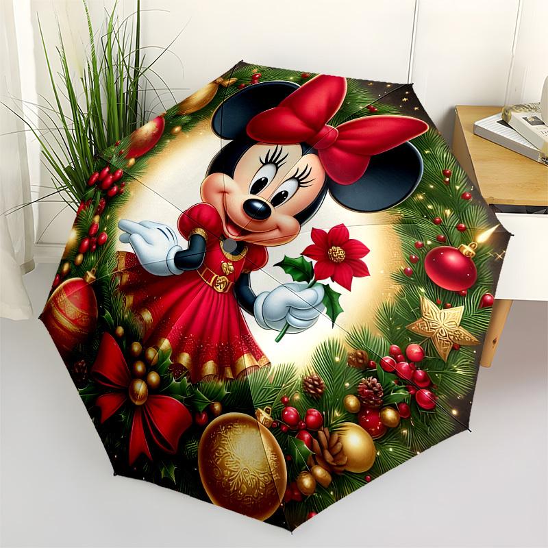 

Minnie Mouse Christmas wreath Themed Automatic Opening and Closing Umbrella, Brightly Colored 8-rib Portable Umbrella