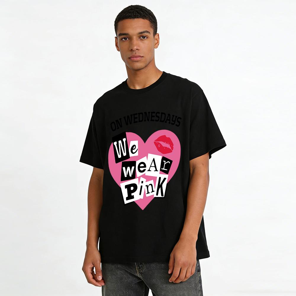 On Wednesdays We Wear Pink Mean Girls Themed Top Heart & Lip Print Casual Tee For Women Pure cotton T-shirt