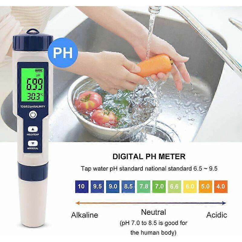 5-in-1 Electronic PH Meter, Measure Ph & TDS & EC Salinity & Temperature Water Quality Tester, LCD Display and Reading Accuracy, for Drinking Water, A