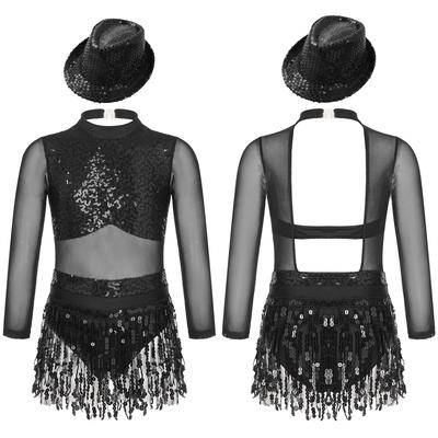 Vestido de Jazz para Niñas Manga Larga Espalda Hueca Diseño Patchwork Lentejuelas Brillantes Flecos Traje de Actuación