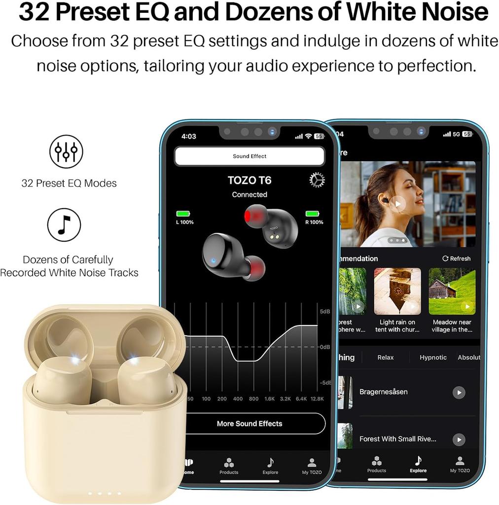 TOZO T6 Earphones Bluetooth Wireless Frequency Warm Sound Small and with ENC during Noise Custom App IPX8 Up to 50 Hours of Continuous Fast Wireless