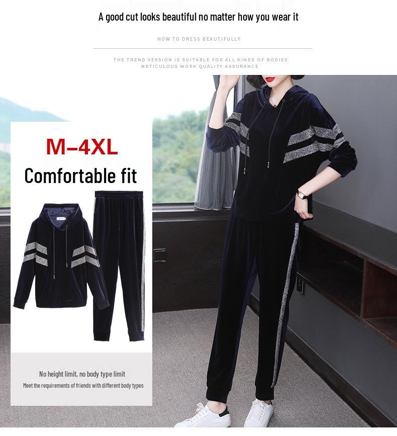 Women's Autumn 2023 Golden Velvet Two-Piece Set: Loose Long Sleeve Sweatshirt & Casual Pants for Middle-Aged Moms