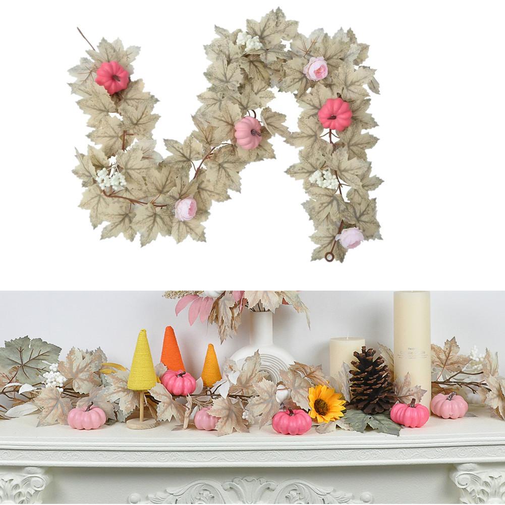 5.7ft Fall Maple Leaves Garland Hanging Artificial Autumn Garland With Maples Leaf Pumpkins Flowers Berries For Home Decor
