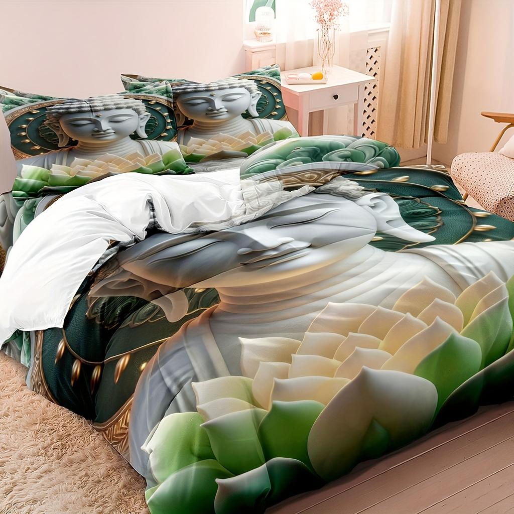 3pcs Buddha Printed Duvet Cover Set, 3D Digital Printed Bedding with Pillowcases, Soft Comfortable Breathable Polyester 100