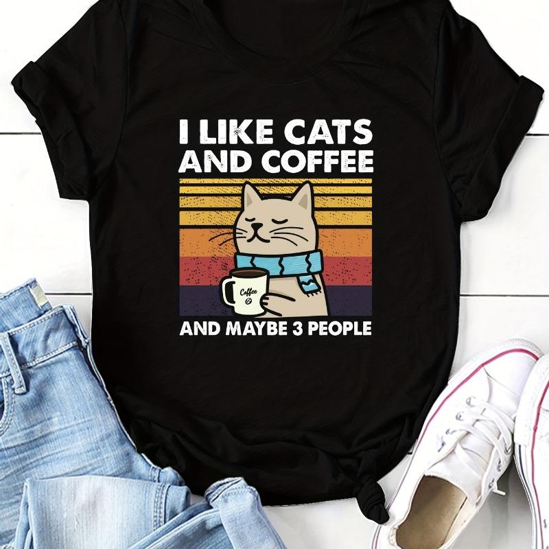 Cat & Coffee Printed T-shirt Women's Casual Round Neck Short Sleeve T-shirt Women's Summer Fashion Casual Loose Shirt Plus Size