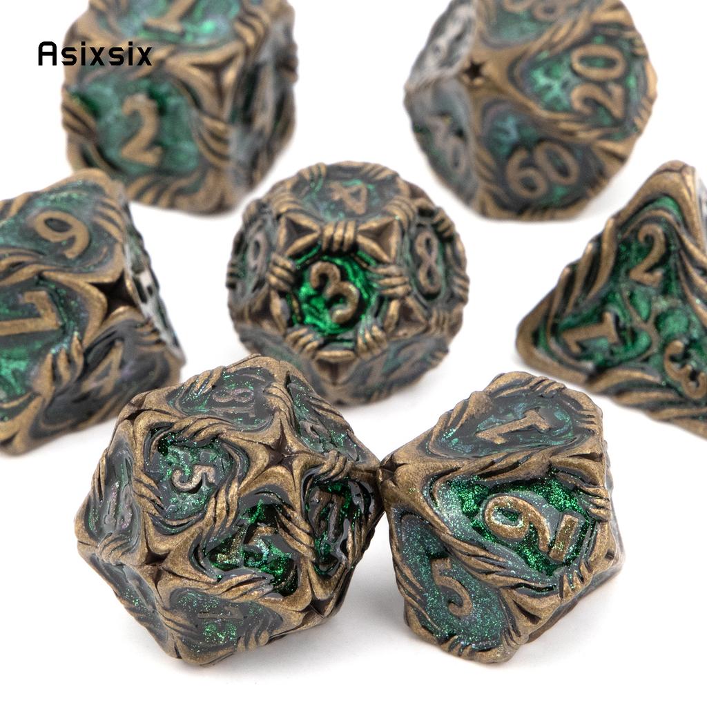 7 Pcs Yellow Green Tree Vine Metal Dice Solid Metal Polyhedral Dice Set Suitable for Role-Playing RPG Board Game Dice RPG