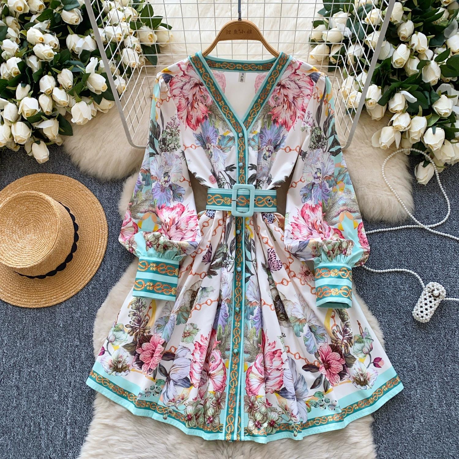 

Весна-лето Женские однобортные мини-короткие пляжные платья с V-образным вырезом и поясом XXL зелёный