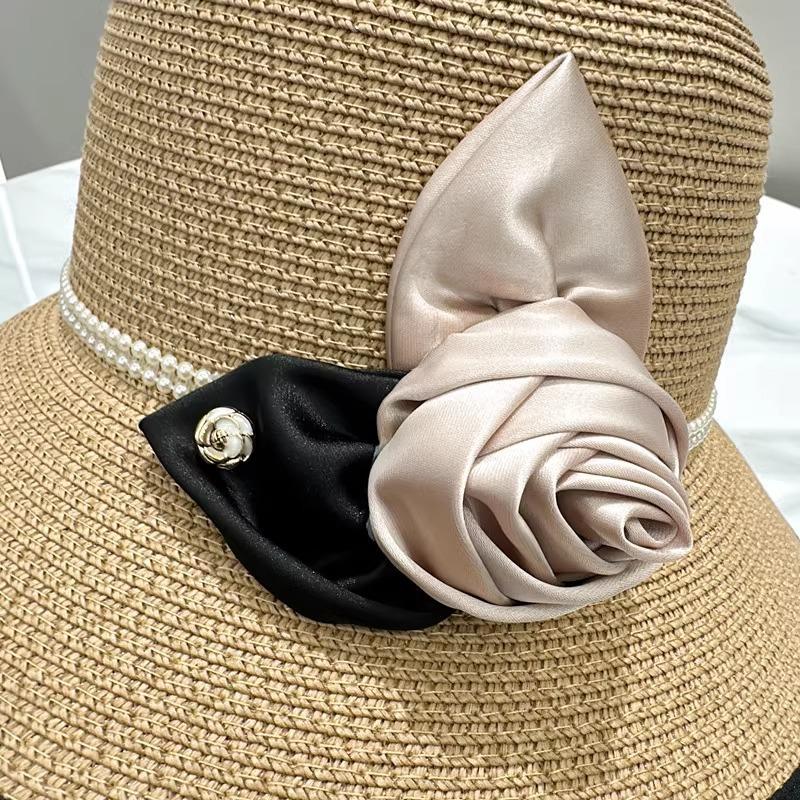 Vintage Rose Pearl Decorative Bucket Hat Women's Summer Sunshade Sunscreen Hepburn Style Straw Hat Bowler Hat