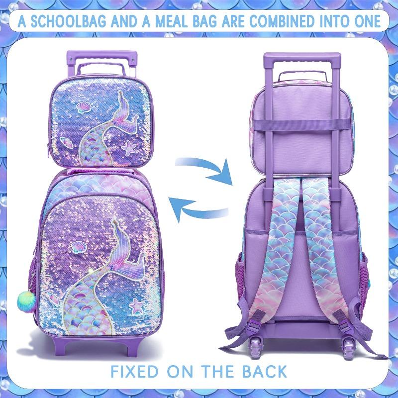 3PCS Kids Rolling Backpack for Girls Cute Mermaid Sequin Wheeled Backpack Trolley School Bag with Wheels Elementary Book bag