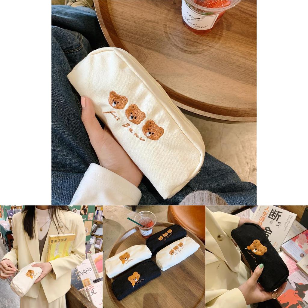 Cute Bear Embroidery Canvas Pencil Case Japanese Style Stationery Pouch Large Capacity Storage Bag