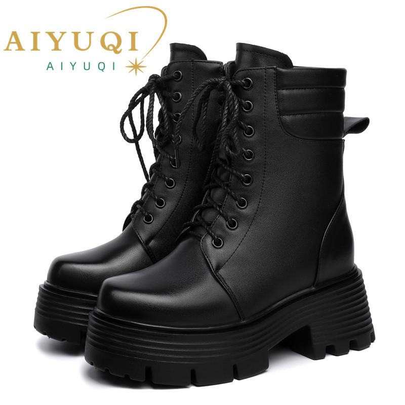 Fashion AIYUQI Women Boots Platform High Heel Genuine Leather Large Size 41 42 Ankle Boots Women Thick Wool Winter Snow Boots Ladies