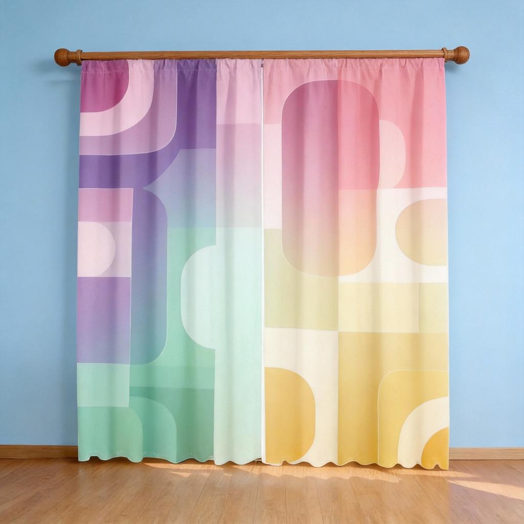 Retro Geometric Curtains 2pcs – Mid-Century Modern Abstract Design In Orange Green Black Cream, Living Room Decor