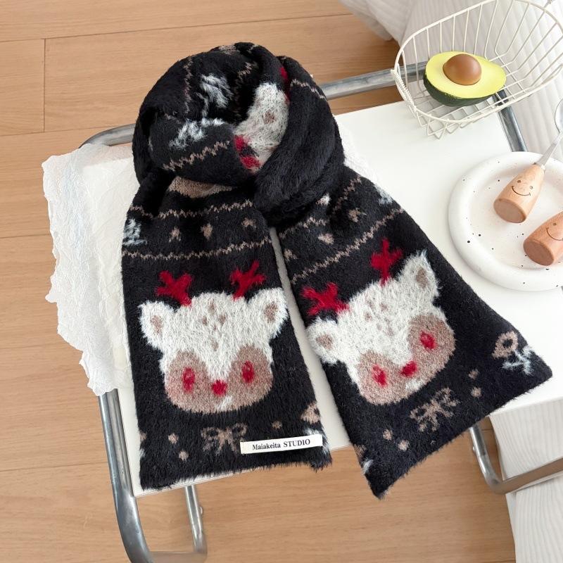 Cute deer jacquard plush knitted scarf season Korean atmosphere cold and warm neck protection scarf tide