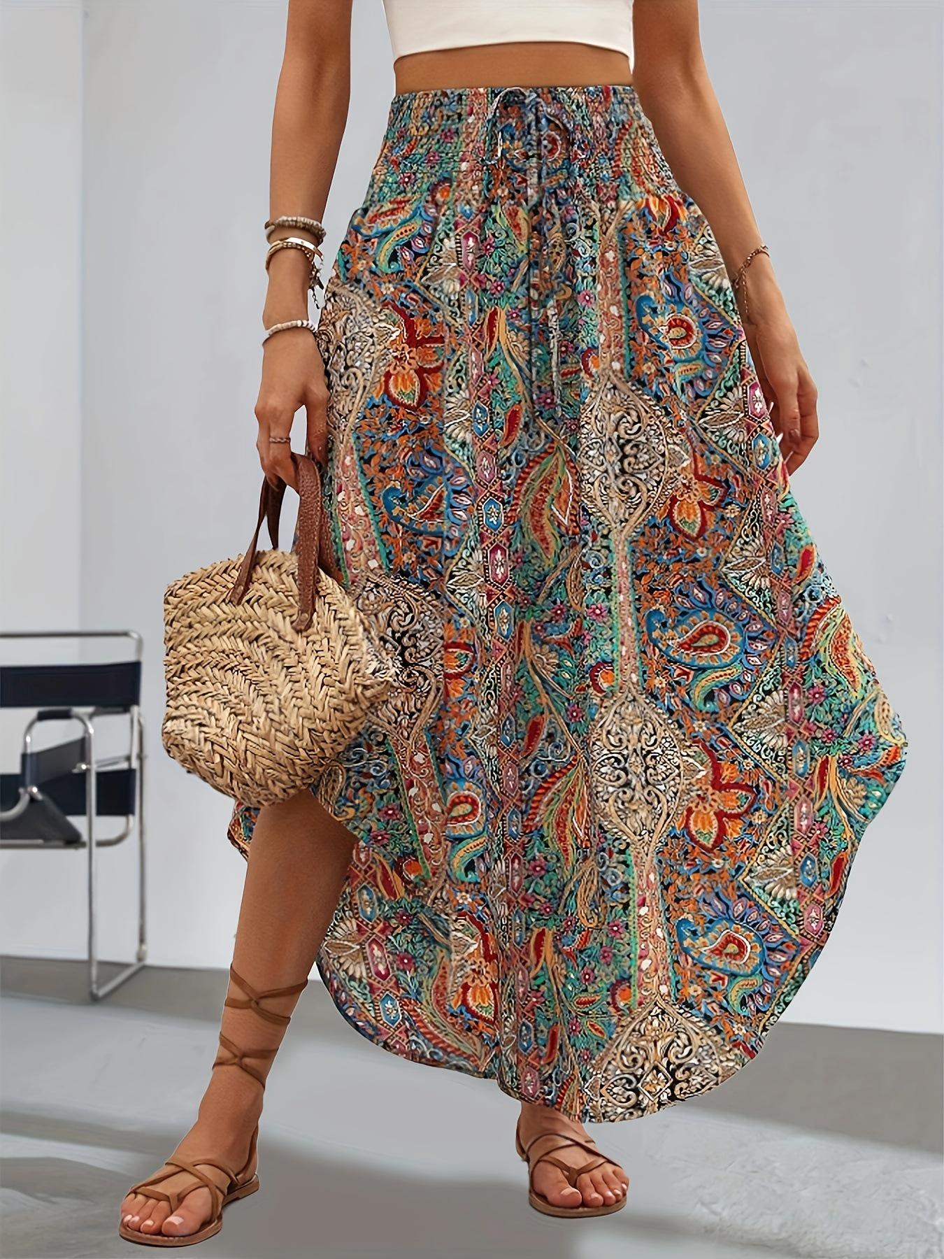 

Exotic Style High-Waisted Printed Drawstring Long Skirt for Women - Versatile Summer Fashion 2024 Large