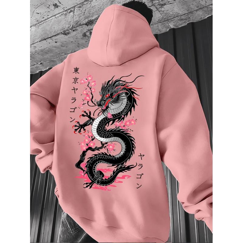 Black Dragon Cherry Blossom Print Hoodie Loose Drop Shoulder Unisex Pullover Sweatshirt Couples Winter Casual Wear