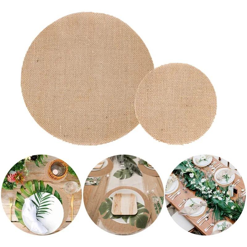 

5pcs Round Linen Jute Burlap Dining Table Mat Linen Table Placemat Tea Cup Plates Mats for Home Wedding Christmas Party Decor 5pcs