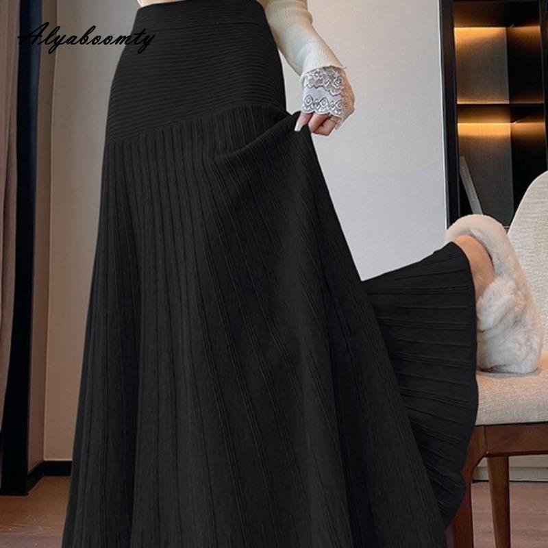 Korean Fashion Autumn Winter Women Pleated Skirt High Waist Beige Black Knitting Skirt Knitted Elegant Feminine Warm Skirts Womens