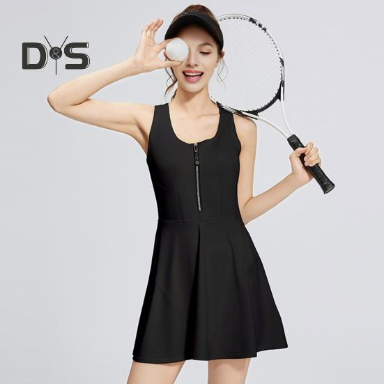 Damen-Sportkleid mit Brustpolstern, ärmellos, Racerback, Fitnesskleid mit Frontreißverschluss, Sicherheitsshorts, Sportbekleidung