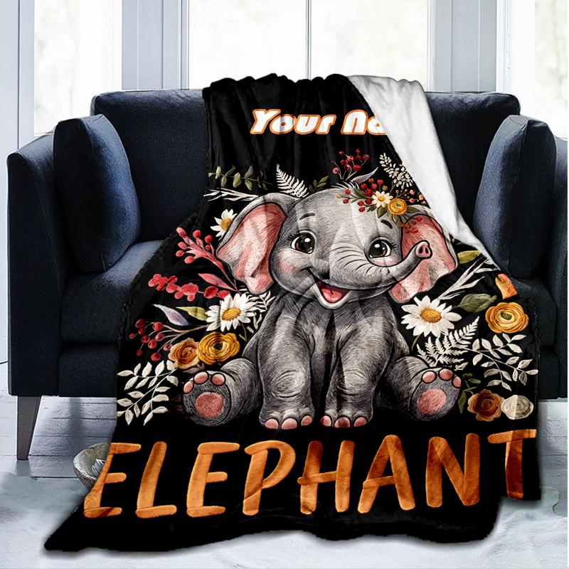 1PC Custom Name Elephant Artwork flannel blanket versatile,all-season throw suitable for the living room,bedroom,camping,travel,and gift